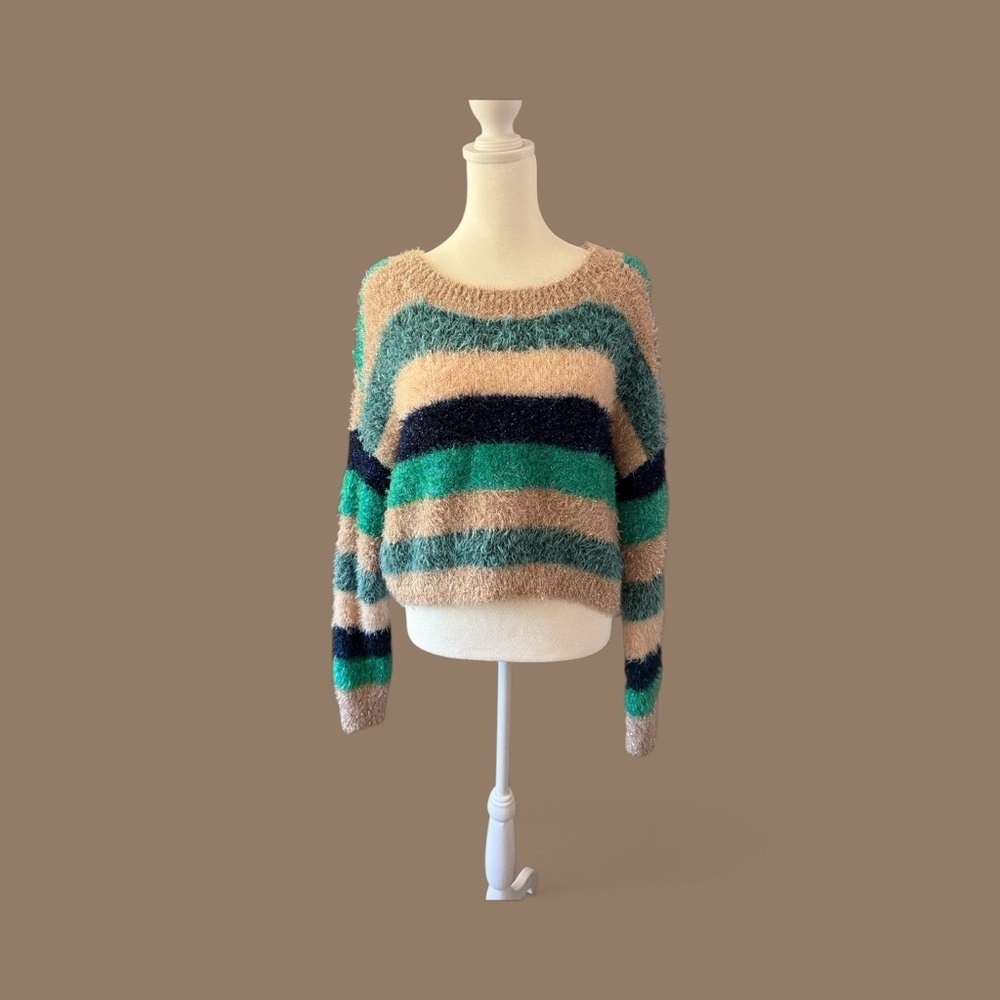 Urban Outfitters Striped Fuzzy Sweater - Green, Navy, Tan